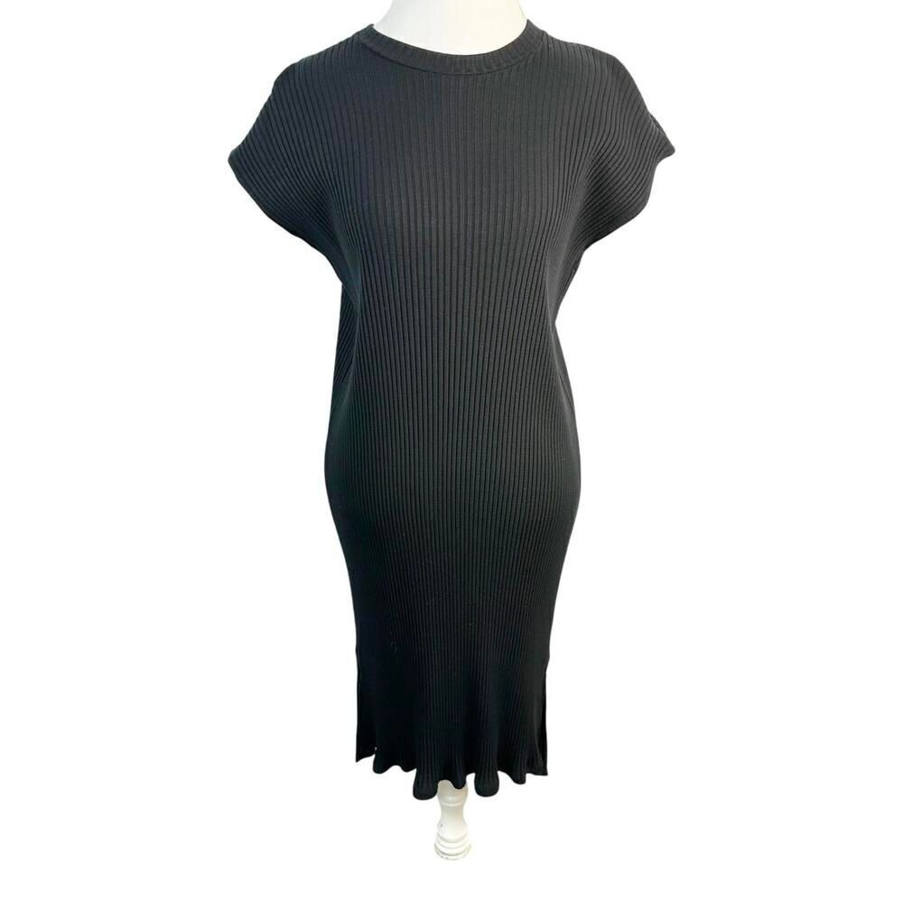 Eileen Fisher System Rib Knit Sweater Dress Black Cap Sleeve Shift Size M